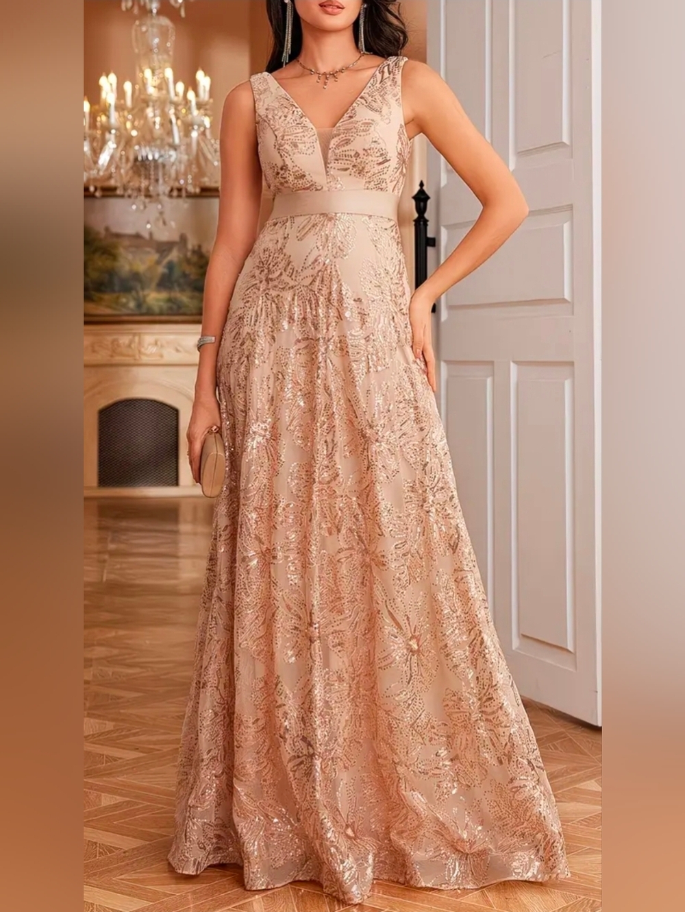 Elegant V-Neck Sequin Evening Gown in Blush
